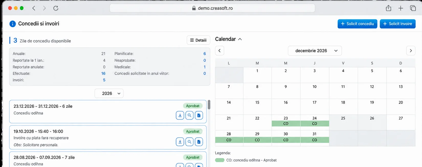 Cereri de concediu si invoire in Creasoft HR