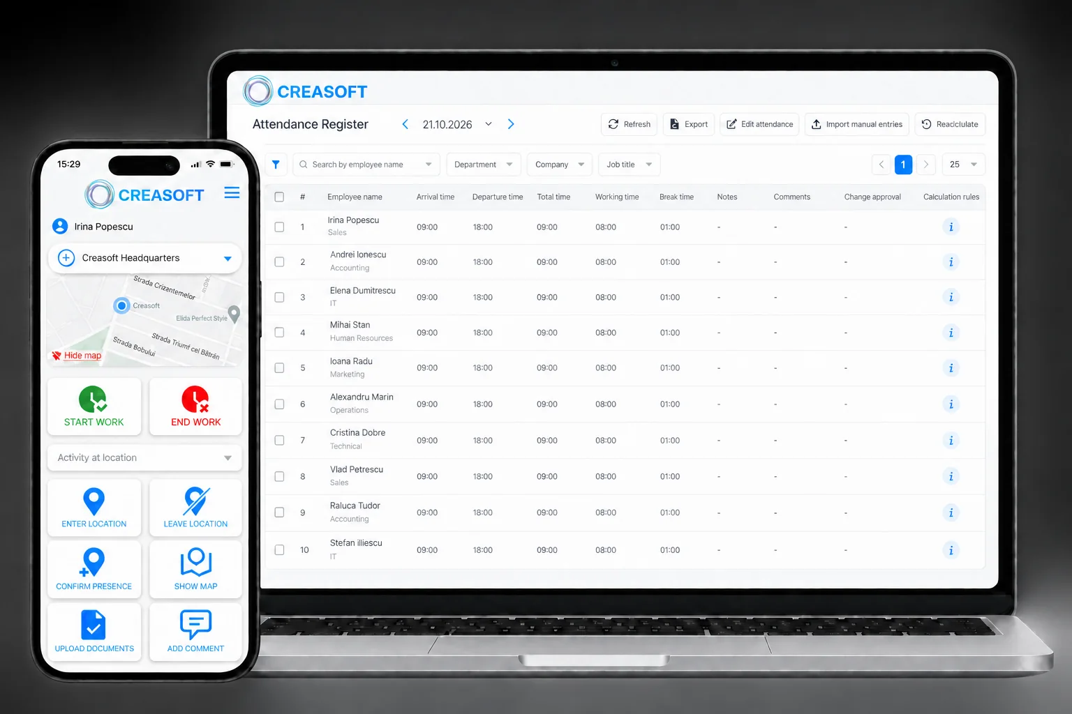 Mobile employee clock-in and attendance register in Creasoft