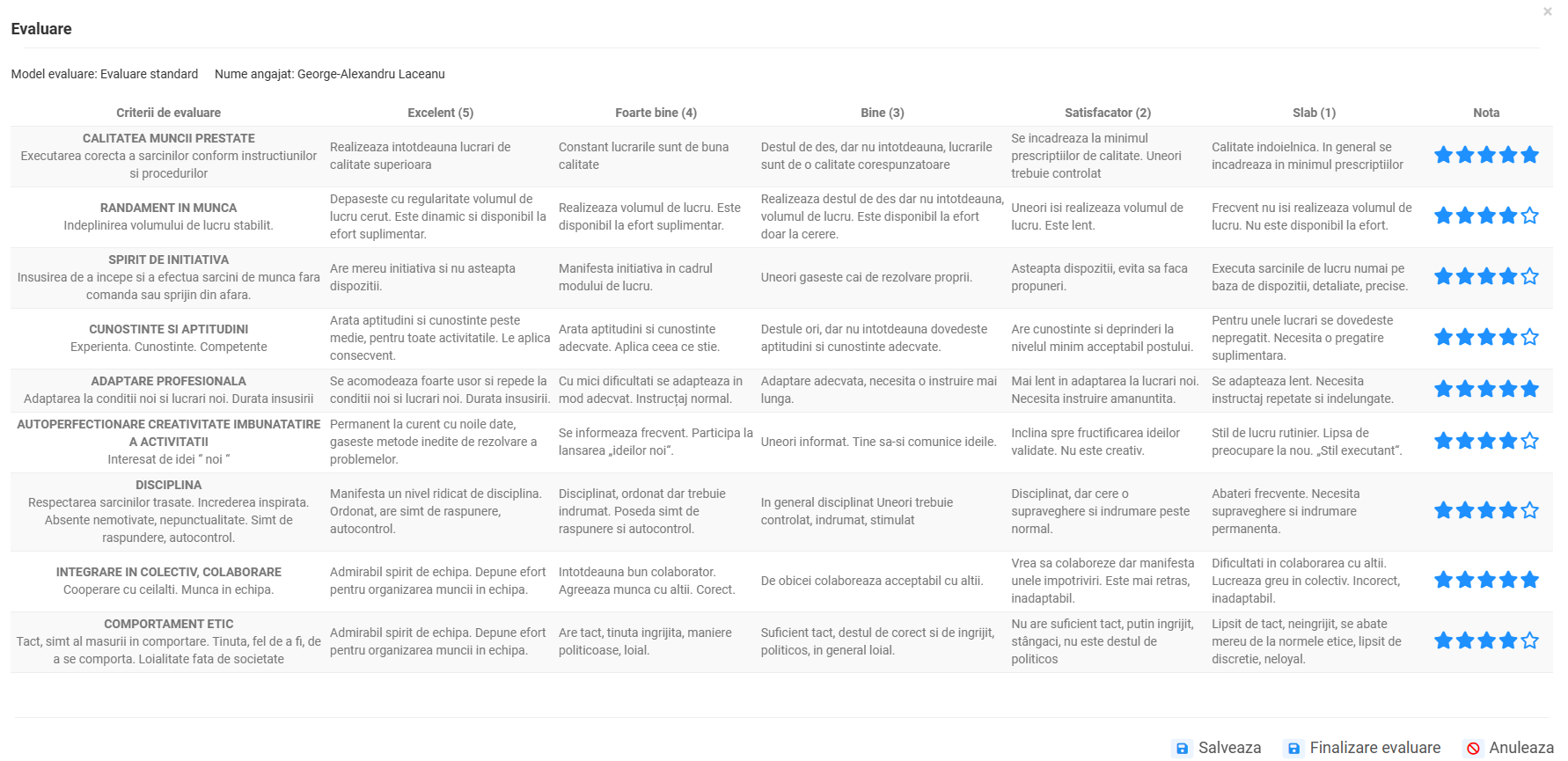 Employee review form with criteria and scores in Creasoft HR