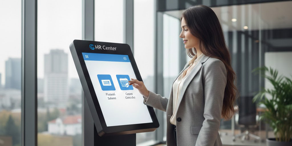 An employee signing a document at the Creasoft Info Kiosk