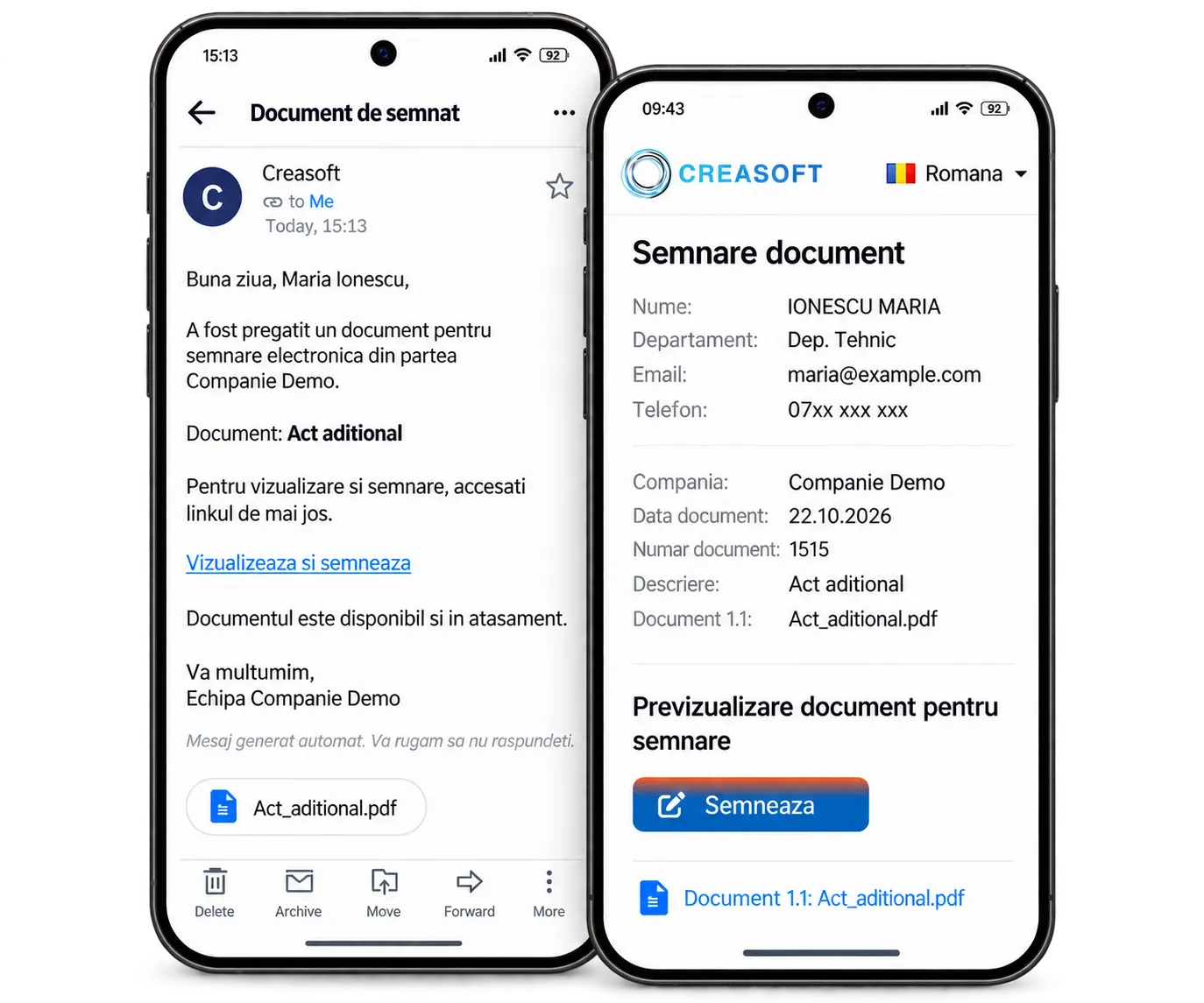 Semnarea unui document HR pe telefon cu cod de validare
