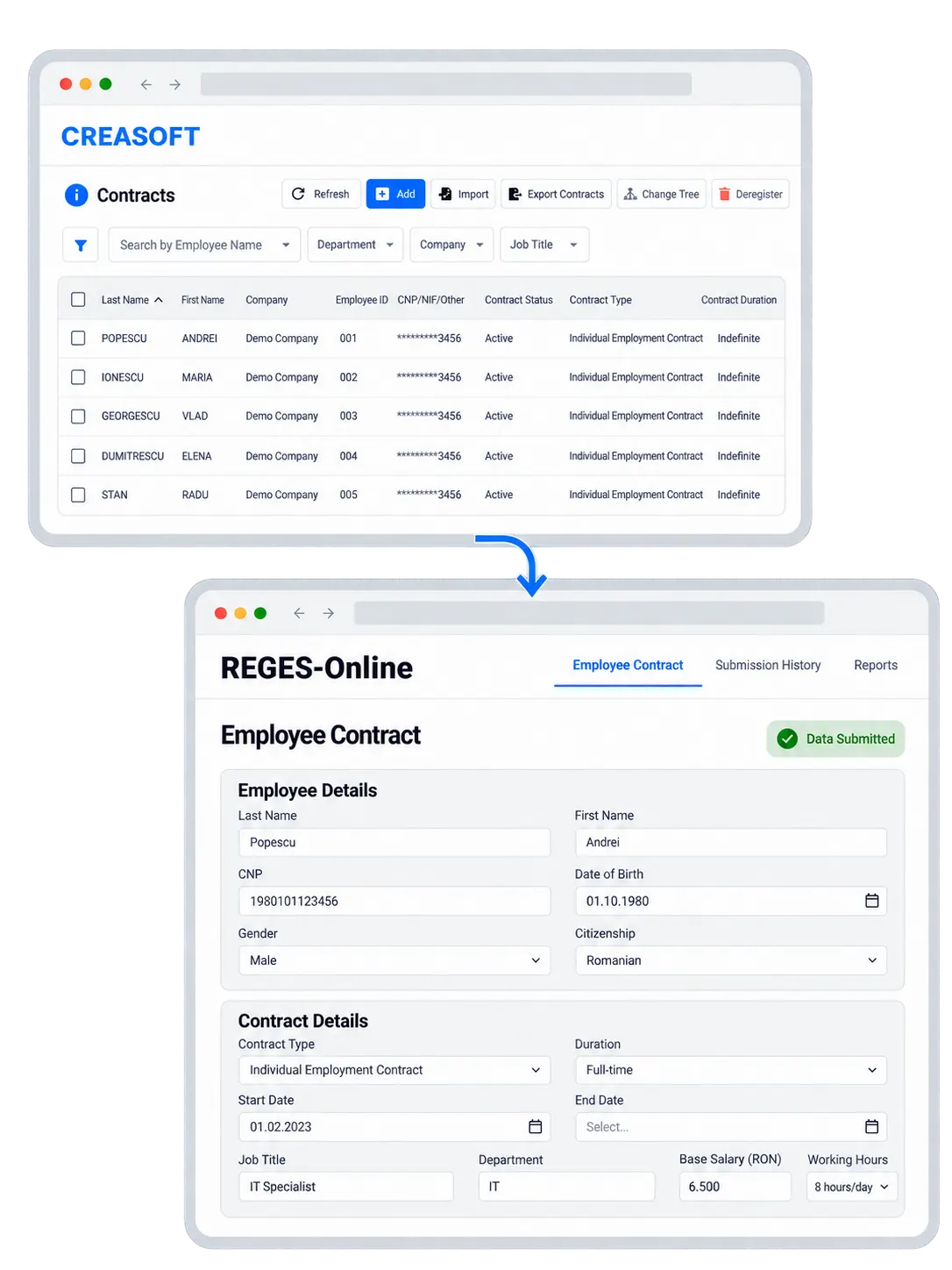 Contract synchronisation with REGES-Online from Creasoft HR
